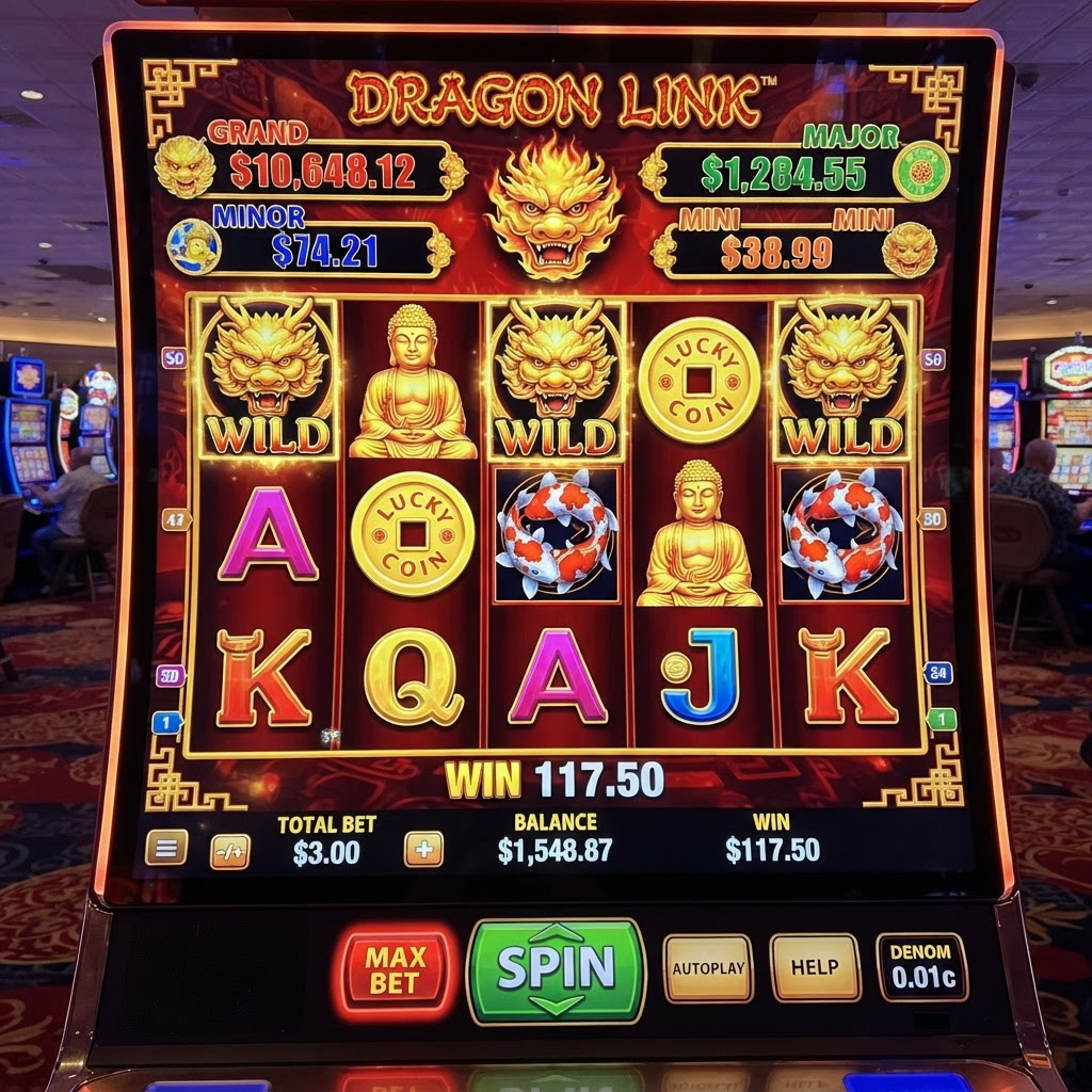 Dragon Link slot main game reels with jackpot display